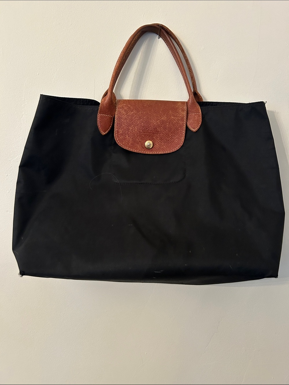 Longchamp Black Nylon Tote with Brown Leather Trim